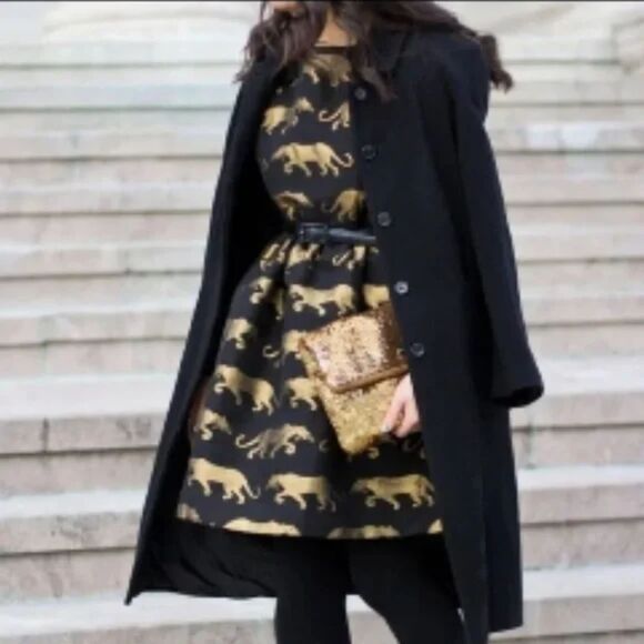 Anthropologie Eyedoll Black Gold Panther Cocktail Dress Pockets Fit Flare Size 0 - Picture 2 of 12